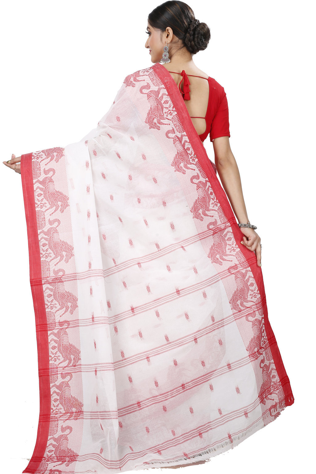 White Red Pure Cotton Indrani Tant Saree (1019)